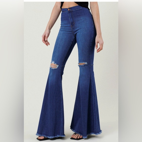 Vibrant Miu Flare Jeans Distressed Raw Hem High Rise Boho‎ Denim size 11 - Picture 1 of 13